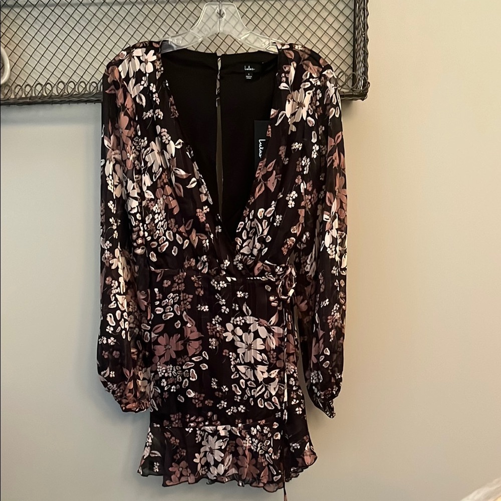 Lulu's Floral Long Sleeve Wrap Dress - Black and Pink Floral